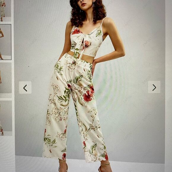 Zaful Pants - ZAFUL Knot Flower Cami Top And Pants Set - White S
